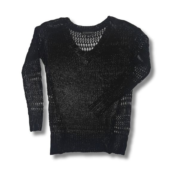Rock & Republic Black Open Knit Sweater Metallic Sheen V Neck Pullover S - Picture 1 of 4